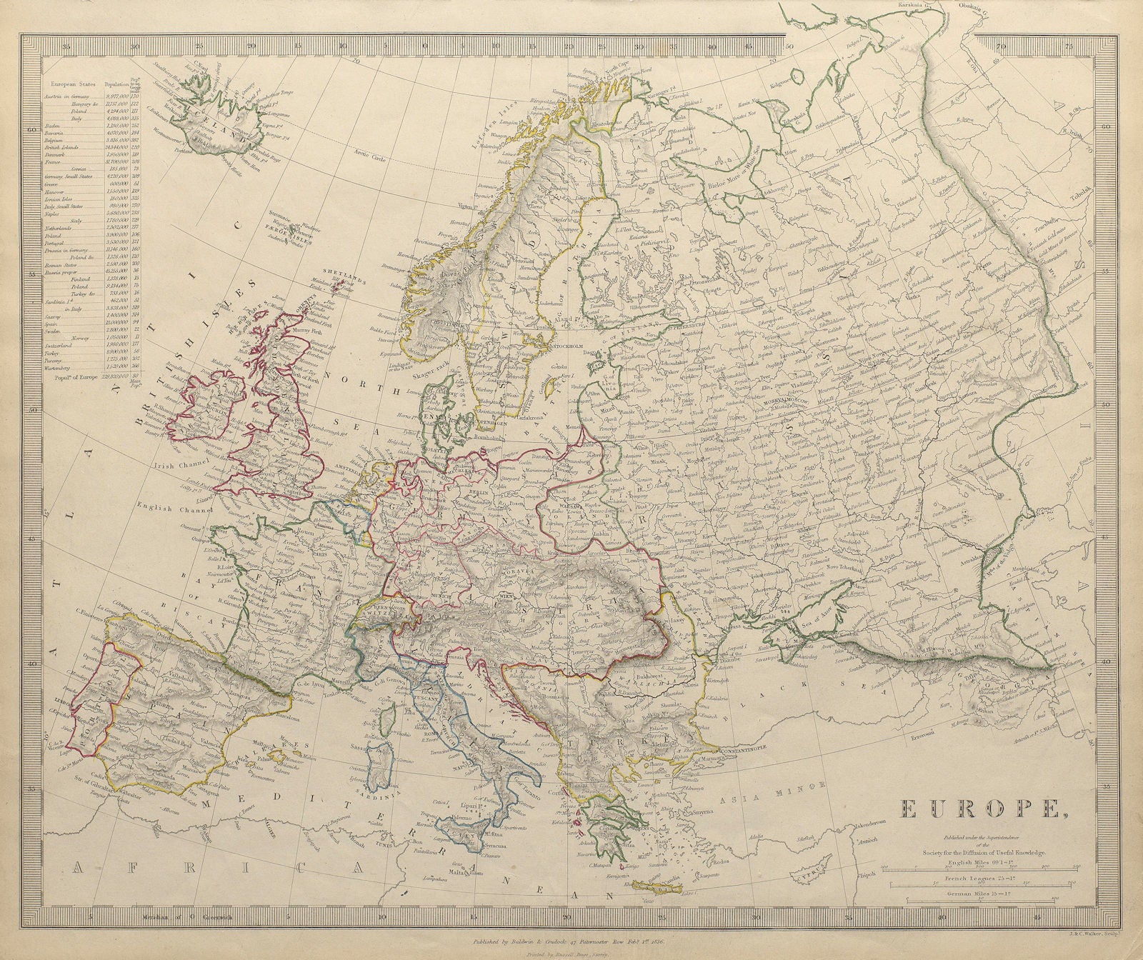 EUROPE. General map. Inset table of population & density by country. SDUK 1844